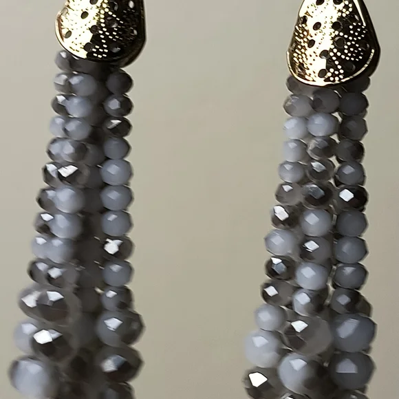 Gold Star Tassel Earrings with Gray Glass Beaded Strands - Picture 7 of 13